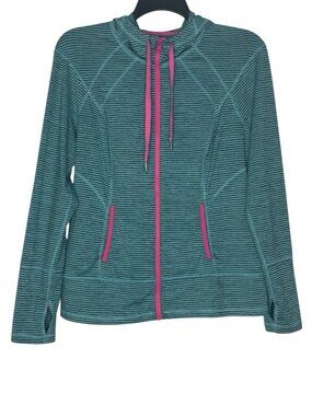 Lukka Womens Hooded Full-Zip Jacket Size XL Striped Thumbholes Athleisure Yoga